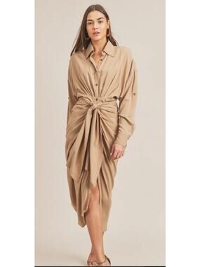 Mable Boheme Silky SAGE Green Shirt Dress with front Tie
